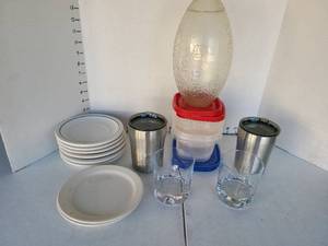 lot 3224 image: Arctic Zone stainless steel tumblers, cocktail glasses, plastic football vessel, small plates