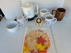 lot 3313 image: Mixed Kitchen Lot Mugs, Mark Time Timer, Small Electric Pot, Folding Paper Turkey Decor