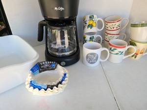 lot 3319 image: Mr. Coffee Coffee Maker with Carafe Lot with Mugs, Basin and Filters