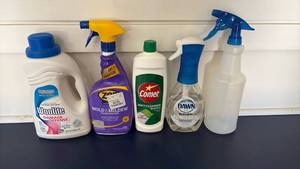 lot 3432 image: Household cleaners. Almost full and one empty spray bottle.