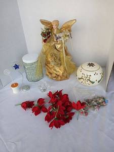lot 3519 image: Gold Fabric Angel Tree Topper, Pierced Angel Globe Luminary, Poinsettias and Decor Lot