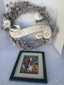 lot 3529 image: Merry Christmas Wreath with Pinecones and Birds  18 inch diameter and Framed Santa Print