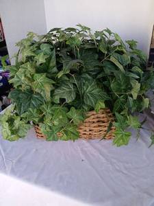 lot 3530 image: Faux Ivy Plant Arrangement in Woven Basket 20x27x20