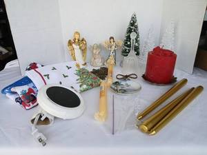 lot 3544 image: Christmas Decor Lot Angel Figurines, Candles, Towels, Glass Bell, Mug Warmer