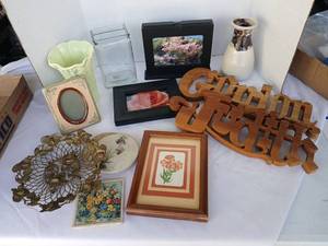 lot 3545 image: Home Decor Lot Picture Frames, Vases, Trivets, Wood Cutout Sign,