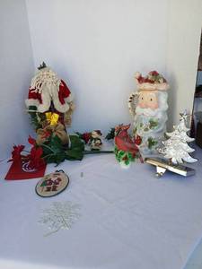 lot 3547 image: Assorted Christmas Decor Lot Santa Figure, Santa stein Stocking Holder, Cardinal nightlight