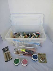lot 3549 image: Assorted Stencil Paint, Crayon, Paintstik and Brush Lot in Plastic Tote