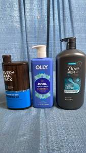 lot 3045 image: Body Wash Lot of 3 Dove MenCare 30 oz, OLLY Cool 17 oz, Every Man Jack