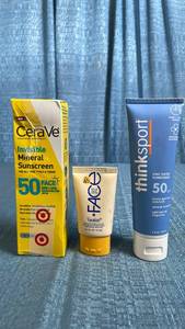 lot 3059 image: Sunscreen Lot CeraVe SPF 50 48 ml, Face SPF 45 15 ml, thinksport SPF 50 89 ml