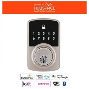 lot 152 image: Square Compact Satin Nickel Electronic Single Cylinder Deadbolt Wi-Fi Enabled Powered by Hubspace - Retail $79