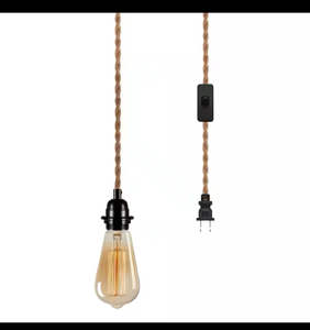 lot 156 image: 1-Light Vintage Gold Finish Plug-In Hanging Pendant with Hemp Rope and Black Socket (1-Pack) - Retail $15