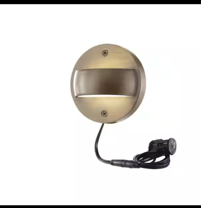 lot 182 image: 150 Lumen Low Voltage Brass Integrated LED Hardwired 2700K Warm White Outdoor Landscape Deck Light - Retail $40