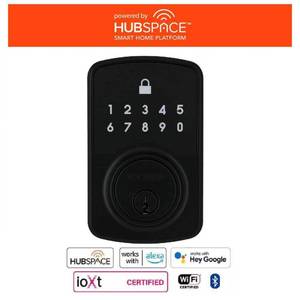 lot 202 image: Square Compact Matte Black Electronic Single Cylinder Deadbolt Wi-Fi Enabled Powered by Hubspace - Retail $80