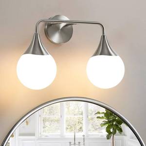 lot 233 image: HAHZT Bathroom Vanity Light Fixtures Brushed Nickel 2-Light Mid Century Farmhouse Bathroom Lighting Fixtures Over Mirror - Wall Sconce with Frosted Globe Glass for Hallway Restroom - Retail $70