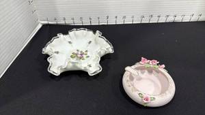 lot 1006 image: Fenton Violets in the Snow milk glass bowl or bonbon dish featuring a ruffled clear edge and hand-painted purple violet flowers and Lefton hand painted floral ashtray