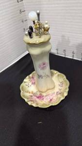 lot 1007 image: Vintage hand painted hat pin holder with hat pins