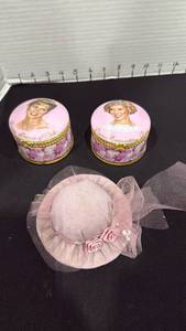 lot 1010 image: Princess Diana music boxes by Andleigh Elliott numbered set of 2 and pincushion hat hat