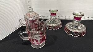 lot 1020 image: West Moreland candlestick holders, creamer and sugar bowl