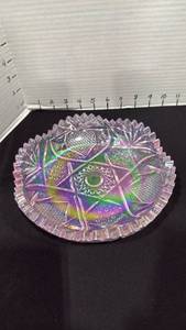 lot 1030 image: Crystal-lustre iridescent carnival glass bowl with a scalloped sawtooth rim