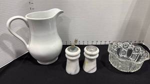 lot 1047 image: Gordon Bleu pitcher, marble pepper finder and salt shakers with bowl