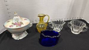 lot 1048 image: Thames hand painted 2 pc dish, cruet jar, cobalt blue pressed glass spoon holder with creamer and sugar dish