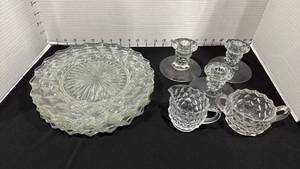 lot 1062 image: American Fostoria plates 9.5 inches, candle holders with creamer and sugar bowl