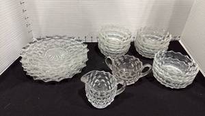 lot 1063 image: American Fostoria small plates 7.5 inches, circles with creamer and sugar bowls