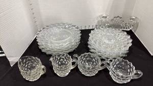 lot 1064 image: American Fostoria plates 8.5 and 7.5 inches, candleholder with creamer and sugar bowls