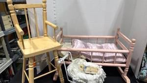 lot 1084 image: Wood doll bed 11x17.5x 14, wood high chair and small stroller