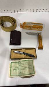 lot 1097 image: Opinel French Country knife, Linden fountain pen, key holder and belt