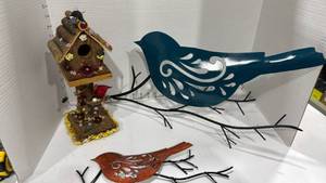 lot 1102 image: Tin bird decor largest is 23 inches long with birdhouse