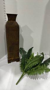 lot 2009 image: Decorative metal vase 21.5x5x5 with greenery