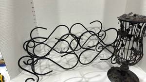 lot 2012 image: Wrought iron wine bottle holder 10x22x7 and decorative metal wine cork holder 13 inches tall