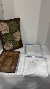 lot 2014 image: Floral pillow, basket, black out panel 50x84 and queen bedskirt