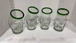lot 2018 image: Mesa International Mexican hand-blown glass, often marketed as an intentional mistake or bentdimpled drinking glass with a green rim set of 4