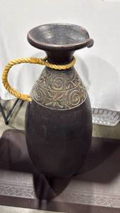 lot 2028 image: Large clay decorative pitcher with rope handle 32 inches tall
