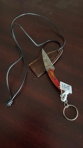 lot 105 image: Handmade Damascus & Carbon Steel 109515N20 2 Small Keychain Fixed Blade Knife with Sheath