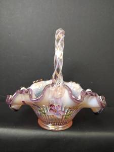 lot 7 image: Vintage Fenton, Hand Painted, Ribbon Candy Edge Basket with Twisted Handle