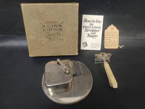 lot 16 image: Vintage Kriss Kross Safety Blade Stropper and Razor Set with Original Box and Instructions