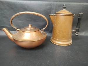 lot 22 image: Vintage Gregorian Hammered Copper Teapot with Lid, Made in USA and Copper Coffee Pot with Wood Handle and Finial