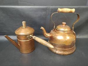 lot 23 image: Vintage ODI Solid Copper Tea Kettle with Wood Handle, Made in Portugal and VTG Copper Spouted Pot with Wood Handle and Topper