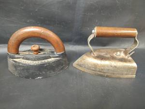 lot 28 image: Vintage Sad Iron and VTG American Beauty Electric Iron, Both with Wood Handles
