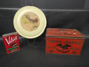 lot 29 image: Vintage Union Leader Cut Plug Tobacco Tin, Velvet 1 12 oz Tobacco Tin and Raus Pat. Chimney Flue Cover