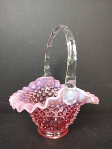 lot 55 image: Vintage Pink and Cranberry Hobnail Basket with Ruffled Rim and Clear Handle
