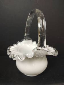 lot 65 image: Fenton Glass Basket with Clear Handle and Ruffled Crimped Rim