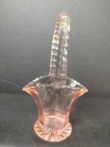 lot 67 image: Vintage Pink Glass Basket with Handle, Scalloped Rim, Star-Pattern Footed Base. See Pic for Damage