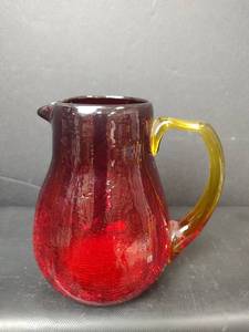 lot 68 image: Vintage Red Crackle Glass Pitcher with Amber Handle