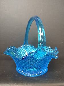 lot 69 image: Vintage Blue Glass Hobnail Basket with Twisted Handle, Diamond Pattern and Ruffled Rim