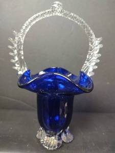 lot 80 image: Vintage Handblown Cobalt Blue Glass Basket with Clear Handle and Ruffled Rim