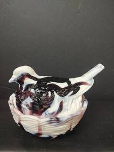 lot 83 image: Vintage Glass Bird on Nest Covered Dish, See Pic for Makers Mark and Also Chips